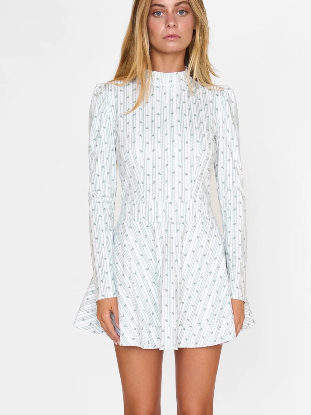 Byrdie Golf Social Wear White Long-Sleeve Mini Dress with Light Green Pinstripe